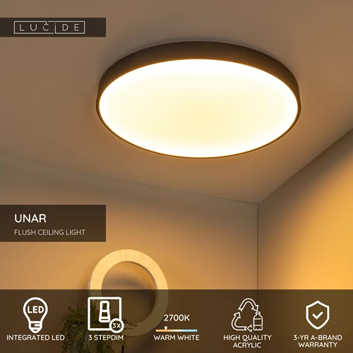 Lucide UNAR - Flush ceiling light - Ø 60 cm- LED 3 StepDim - 1x60W 2700K - Black - USP